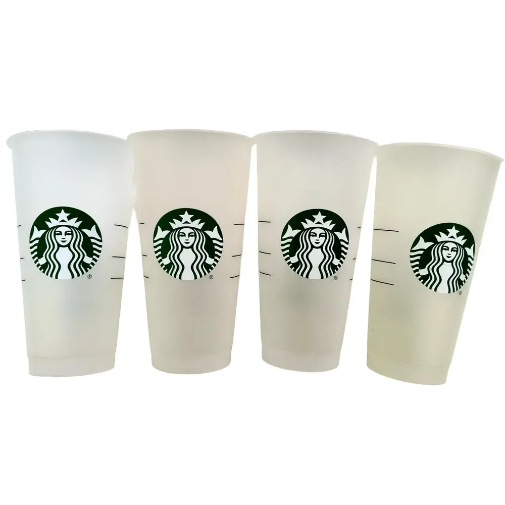 Set 4-2020 Starbucks Clear Green Plastic Reusable Cold Venti 24 Oz Cups & Lids